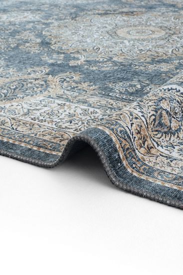 Private85 Blue Beige Oriental Bordered Bedroom Rug