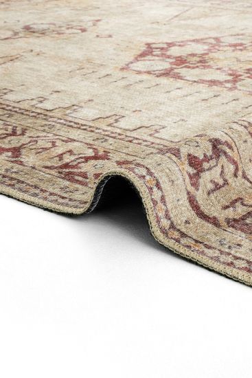 Private85 Beige Red Oriental Bordered Bedroom Rug