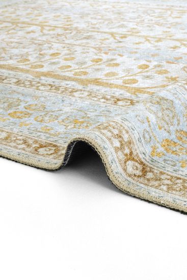 Private85 Gold Blue Oriental Bordered Living Room Rug
