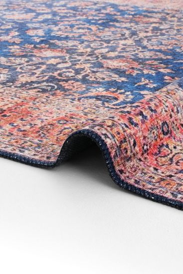 Private85 Blue Red Oriental Bordered Bedroom Rug
