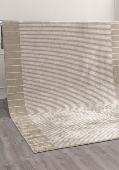 Cream & Grey Filigree Stripes Modern Rug