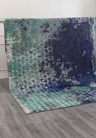 Geometric Blue Green Shiny Area Rug