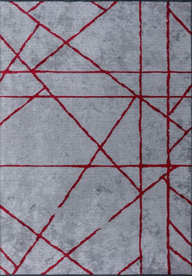 Lush Grey & Red Geometric Living Room Rug