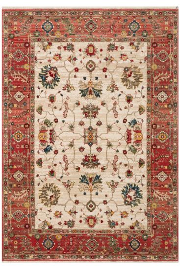 Anka85 Red Beige Patterned Bordered Bedroom Rug
