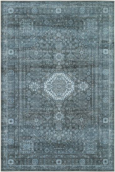 Private85 Blue Patterned Bordered Living Room Rug