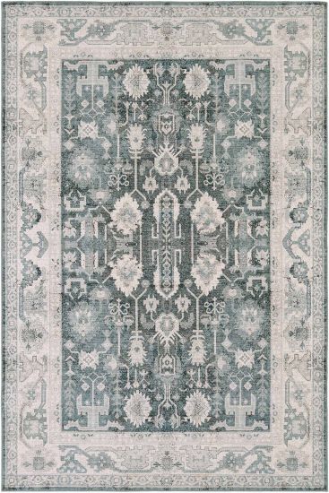 Private85 Cream Blue Patterned Bordered Living Room Rug