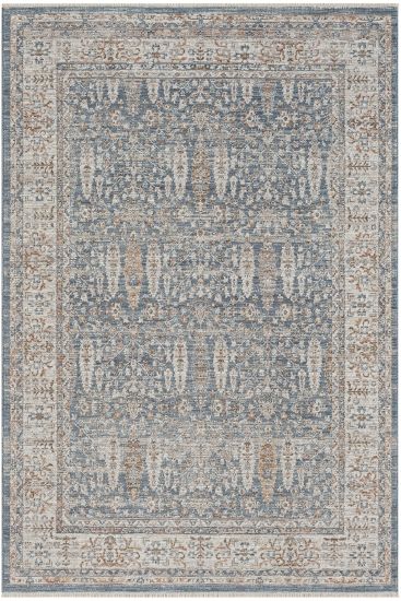 Seremoni85 Beige Blue Patterned Bordered Living Room Rug