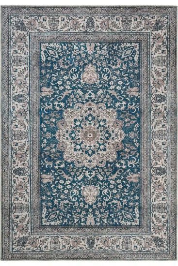 Private85 Blue Grey Oriental Bordered Living Room Rug