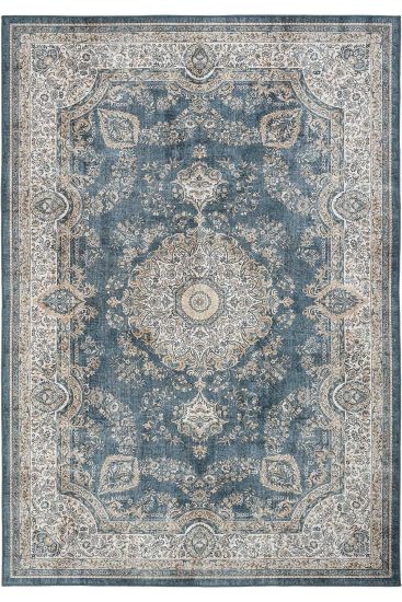 Private85 Blue Beige Oriental Bordered Bedroom Rug