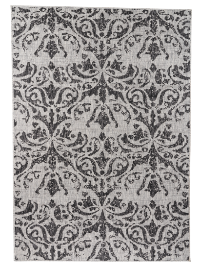 Meadow Grey Black Damask Outdoor Area Rug