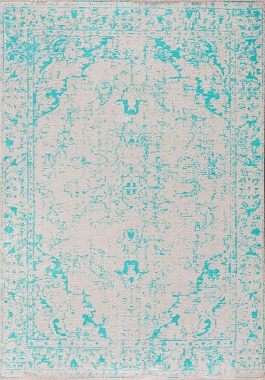 Embellished Cream & Blue  Distressed Bedroom Rug