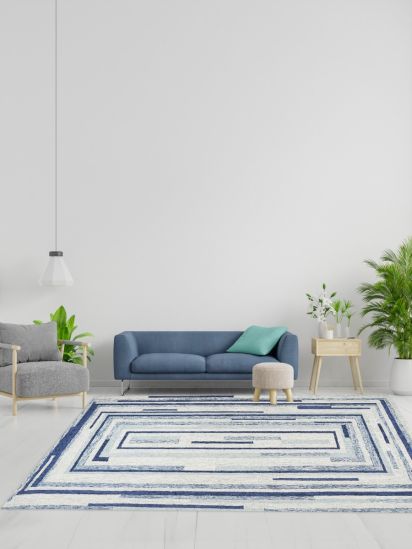 Geometric White & Blue Hand-Tufted Living Room Rug
