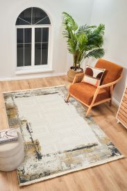 Perre75 Cream Grey Abstract Bordered Bedroom Rug